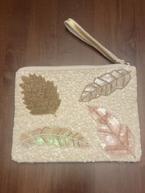 American & Beyond Beaded Cream Sequin Wristlet Pouch with Metallic Leaf Accents